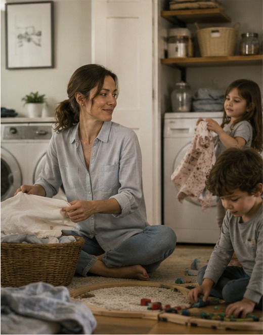 A calm parent folding laundry at home while two children play and help nearby.