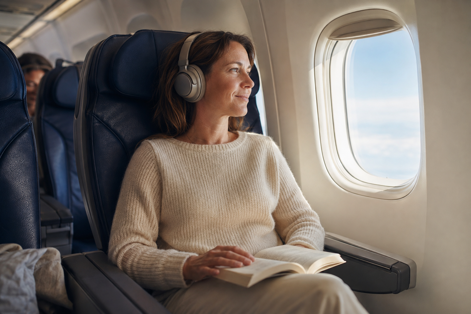 Relaxed traveler wearing headphones and looking out an airplane window