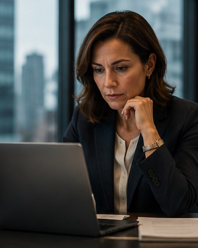 A focused executive working late at her laptop, composed under the pressure of high-stakes work.