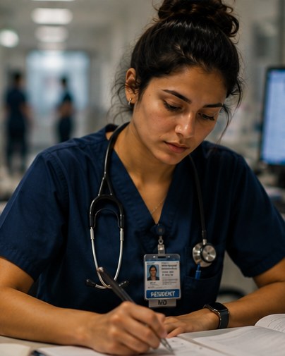 A woman medical resident writing notes during a long hospital shift.