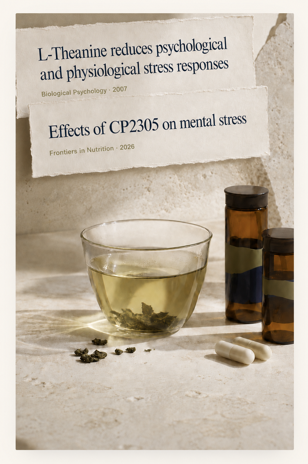 Two study headlines — L-theanine reduces psychological and physiological stress responses, and effects of CP2305 on mental stress — above a cup of green tea and supplement capsules.