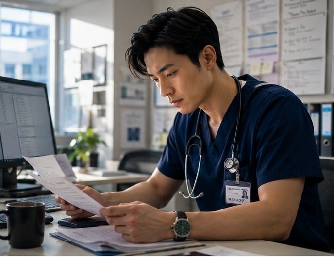 A medical resident writing notes during a long hospital shift.