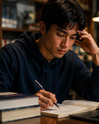 A male student studies in a library, resting his head on one hand as he writes.