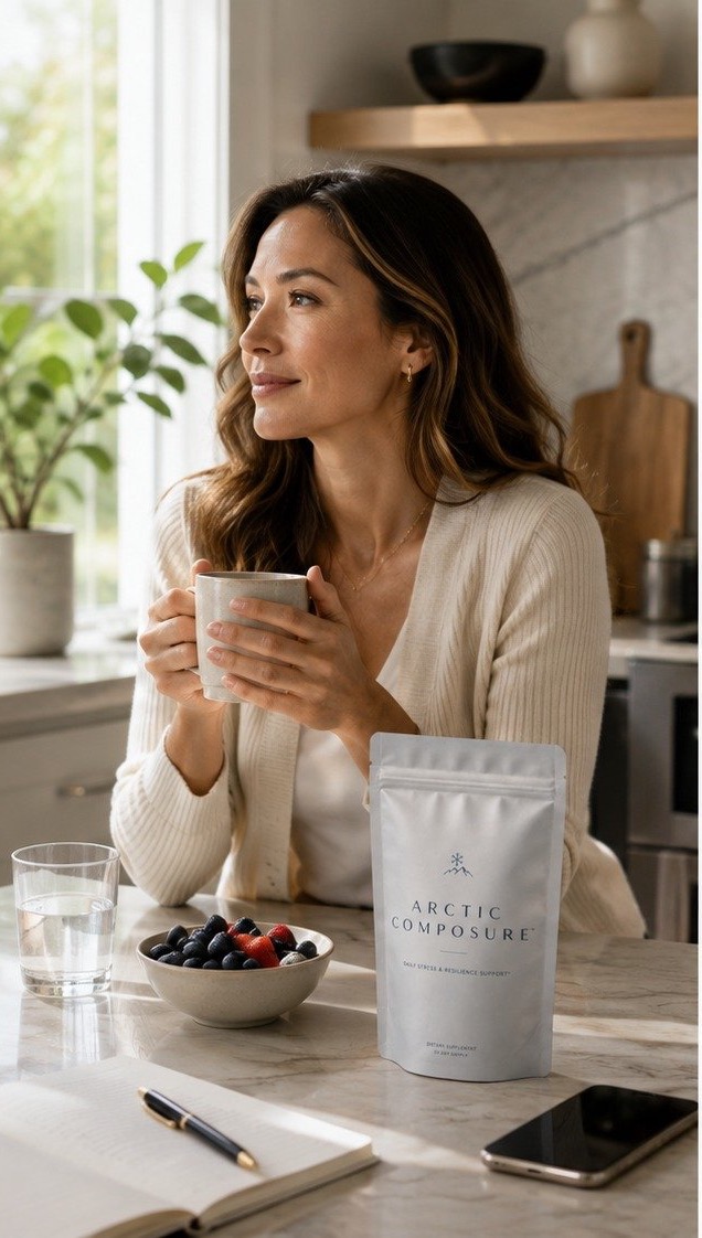 A woman pauses with a warm mug in a bright kitchen, an Arctic Composure pouch on the counter beside a bowl of blueberries.