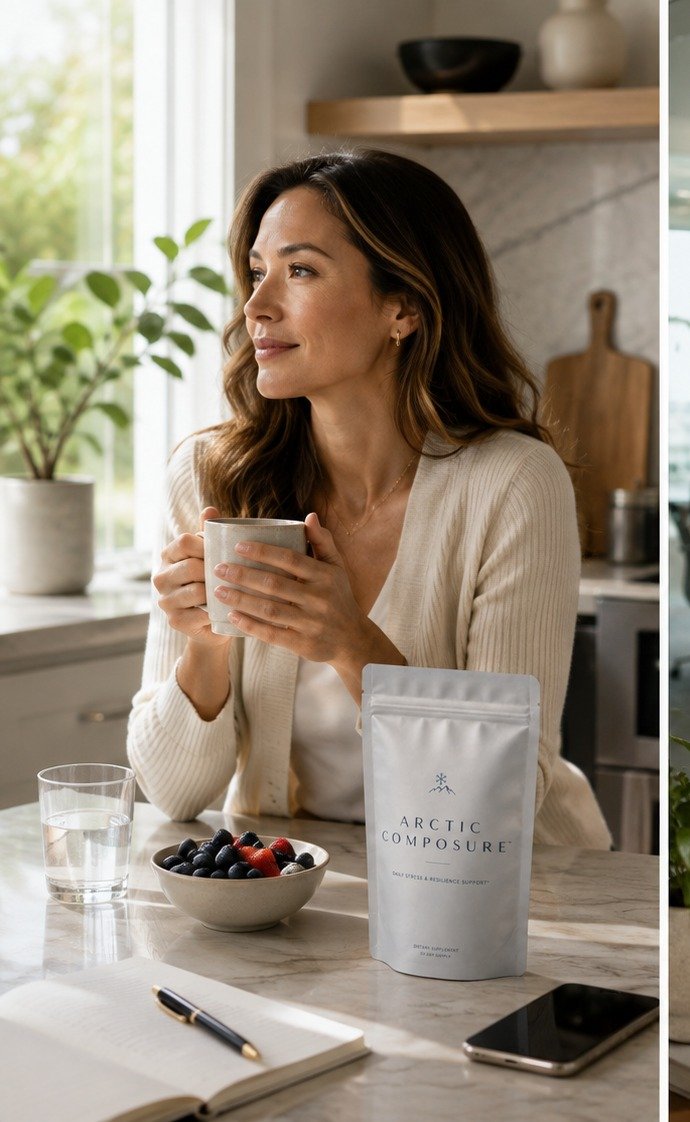 A woman enjoying a quiet morning coffee at her kitchen counter, with Arctic Composure and a bowl of berries beside her journal.