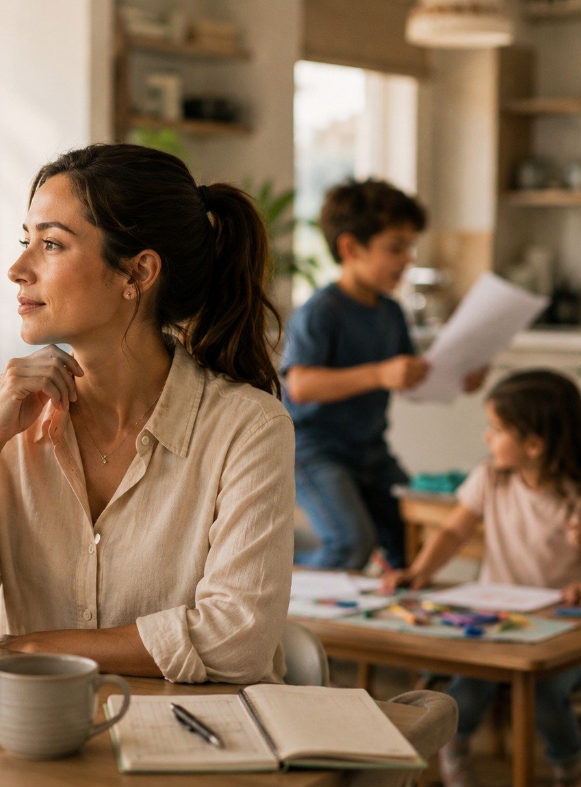 A woman working at the kitchen table, present and unhurried while her kids play close by.