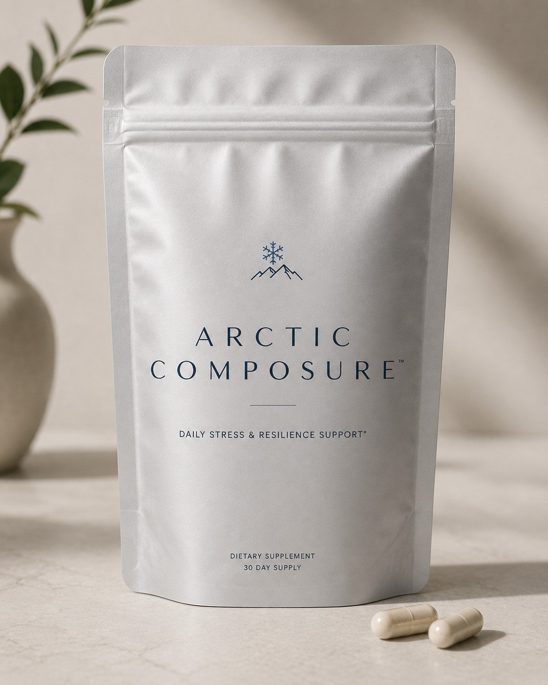 Arctic Composure daily stress and resilience support, a 90-day protocol stand-up pouch.