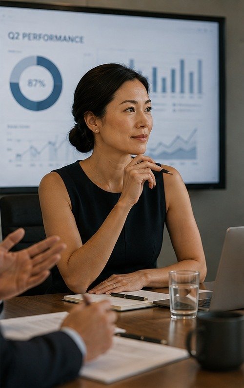 A woman confidently presenting quarterly results to her team in a conference room.
