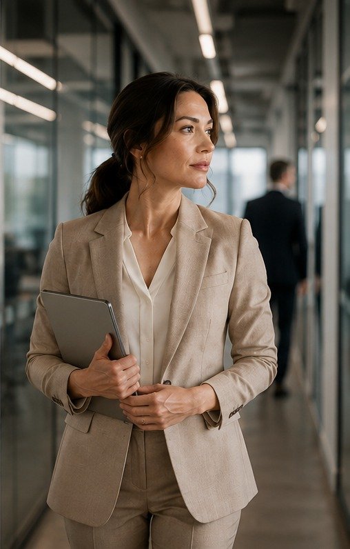 A woman walking through her office, adapting easily as her day changes around her.