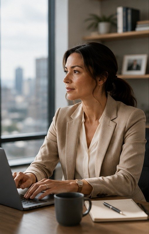 A woman pausing at her desk, composed and grounded in a quiet moment to herself.