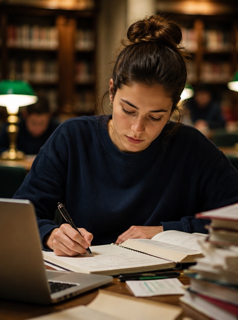 A student taking notes at a library table with deep focus.